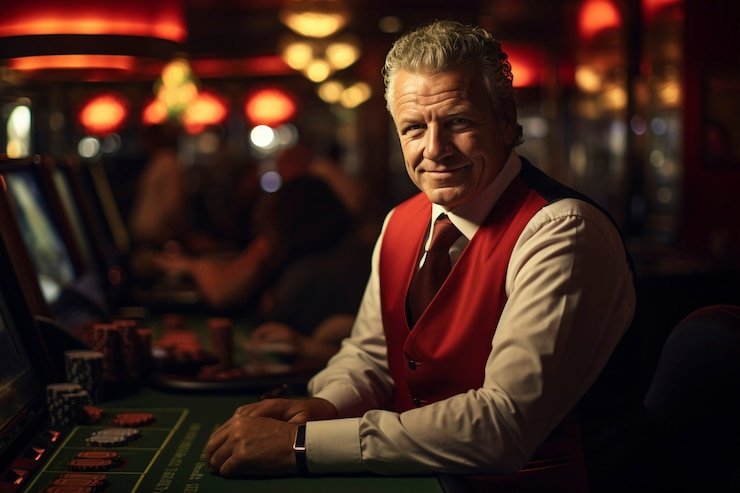 Live Three Card Poker dealer at megavip login studio with multi-camera setup and betting circles visible
